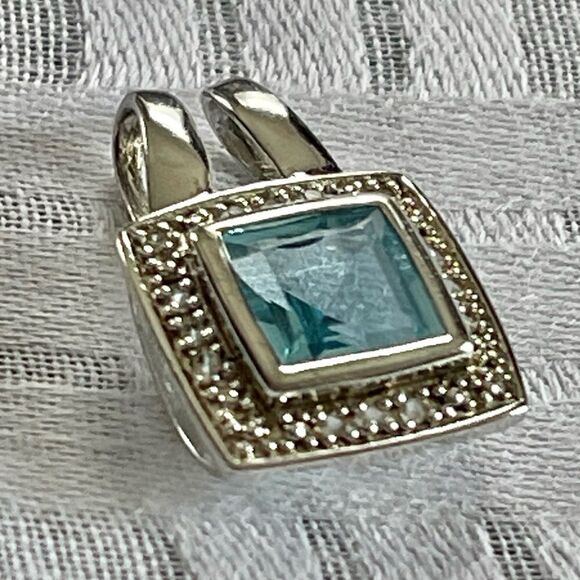 P*M .925 Sterling Silver Cushion Cut Blue Topaz Diamond Halo Ring Pendant Set - Picture 9 of 16